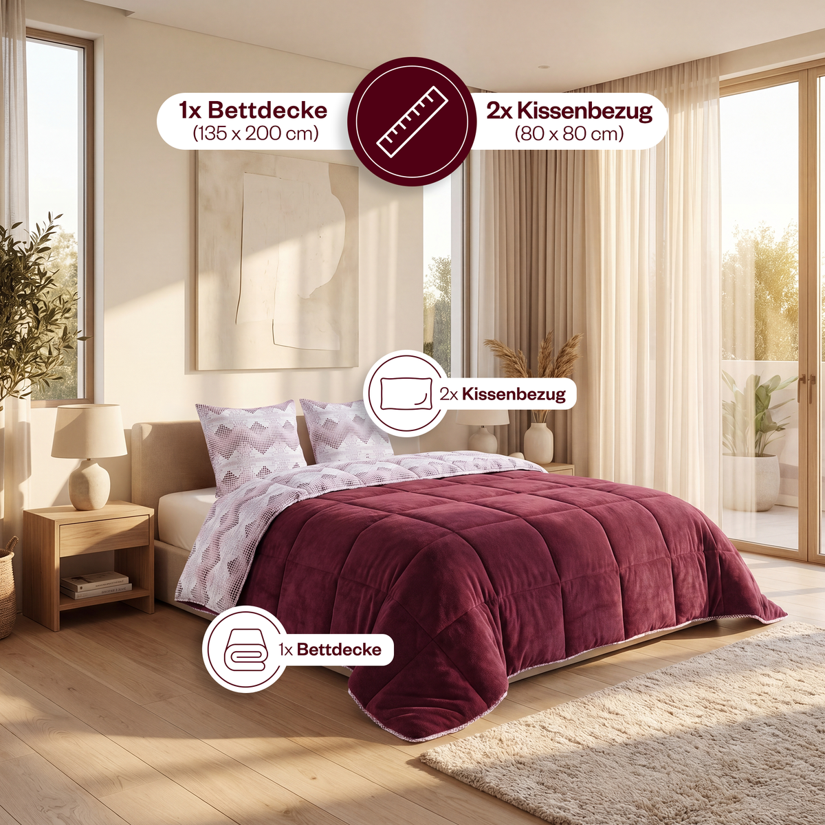 Luxus-Wellsoft-Steppdecken-Set mit Kissenbezug, doppelseitig, in Bordeaux