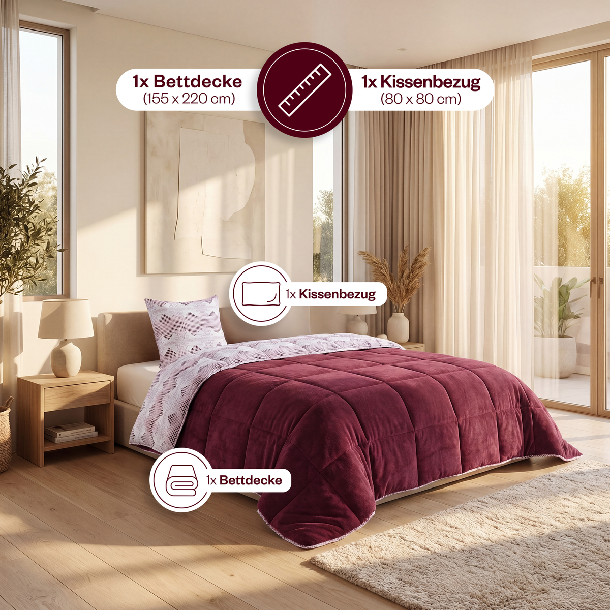 Luxus-Wellsoft-Steppdecken-Set mit Kissenbezug, doppelseitig, in Bordeaux