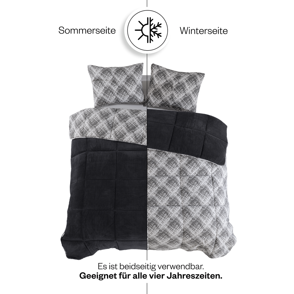 Luxus-Wellsoft-Steppdecken-Set mit Kissenbezug, doppelseitig, in Schwarz