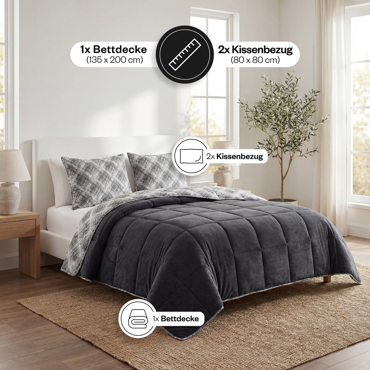 Luxus-Wellsoft-Steppdecken-Set mit Kissenbezug, doppelseitig, in Schwarz