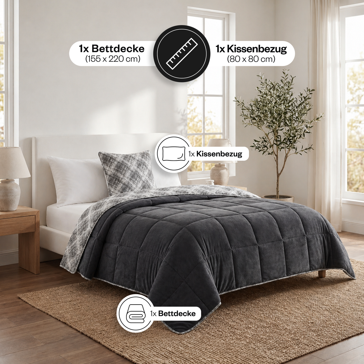 Luxus-Wellsoft-Steppdecken-Set mit Kissenbezug, doppelseitig, in Schwarz