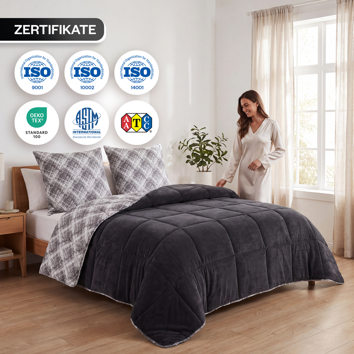 Luxus-Wellsoft-Steppdecken-Set mit Kissenbezug, doppelseitig, in Schwarz