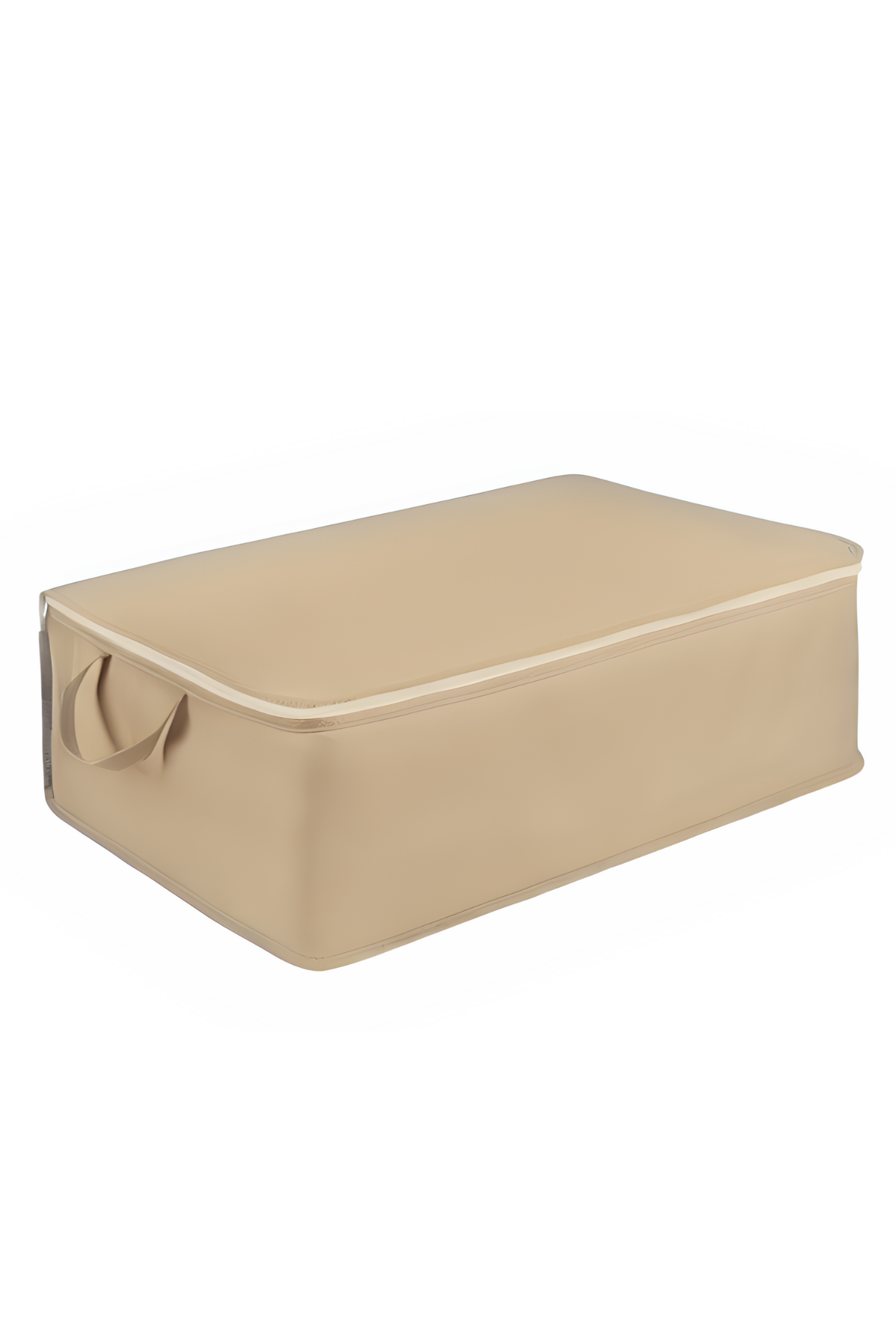 Unterbett Aufbewahrung: Eine einzelne beige Tasche mit Reißverschluss und seitlichem Griff, bereit zur Nutzung.