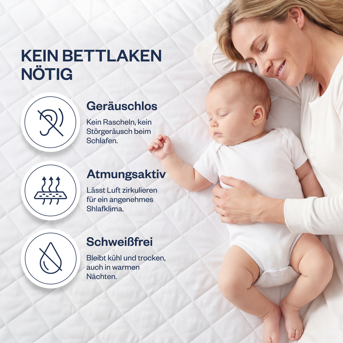 Wasserdichter gesteppter Matratzenschoner aus 100% Baumwolle, atmungsaktiv, Weiß