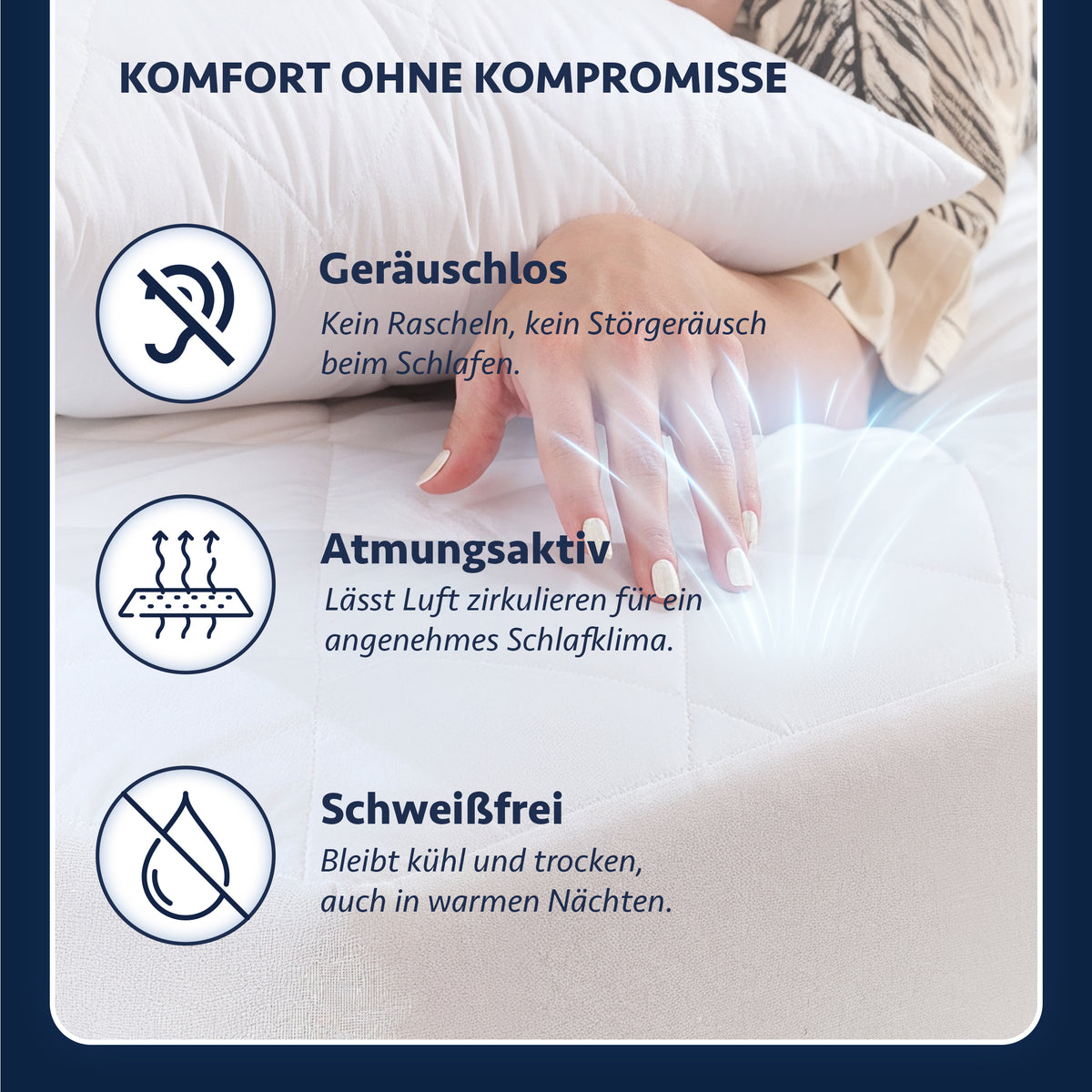 Matratzenschoner Komfort: Hand auf weißem, gestepptem Matratzenschoner mit Icons für geräuschlos, atmungsaktiv und
