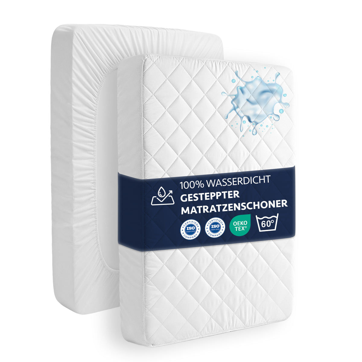Gesteppter Matratzenschoner: Zwei weiße Matratzenschoner, einer gesteppt, der andere passgenau. Text: 100% WASSERDICHT.