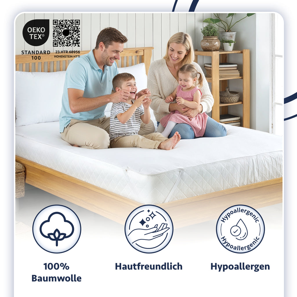 Wasserdichter Matratzenschoner aus 100% Baumwolle mit Eckgummis, Weiß