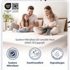 Matratzenschoner: Familie auf Bett, Oeko-Tex Label, Icons für saubere Mikrofaser, hautfreundlich und hypoallergen für