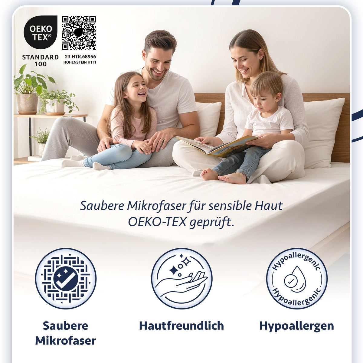 Matratzenschoner: Familie auf Bett, Oeko-Tex Label, Icons für saubere Mikrofaser, hautfreundlich und hypoallergen für