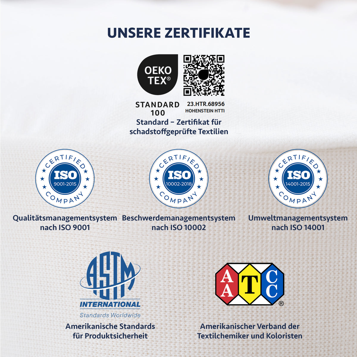 Zertifikate. Oeko-Tex Standard 100, ISO 9001, ISO 10002, ISO 14001, ASTM und ATCC Logos auf weißem Hintergrund.